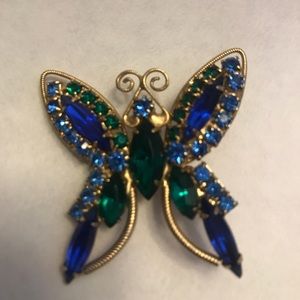 Blue Green Rhinestone Butterfly Brooch / Pin